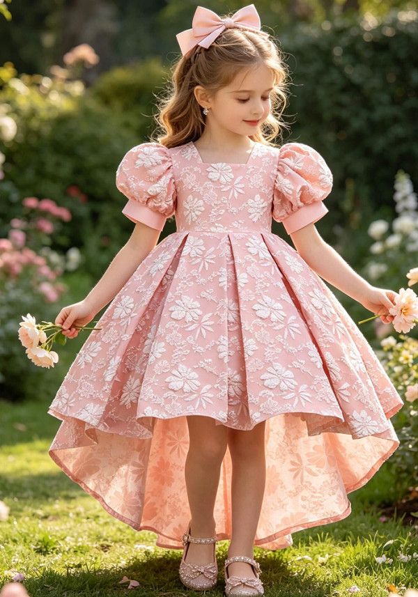 Girls' Princess Print Puff Sleeve Dance Dress