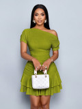 Women Slash Shoulder Off-Shoulder Pleated Double-Layer Ruffle Dress