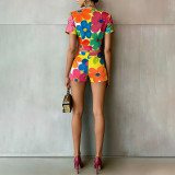 Women Casual Printed Short-Sleeve Crop Top and Shorts Two-Piece Set