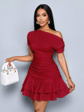 Women Slash Shoulder Off-Shoulder Pleated Double-Layer Ruffle Dress