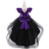 Girls' V-Neck Sequin Bow Princess Dress