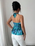 Women Halter Neck Sleeveless Lace-Up Printed Crop Top