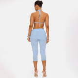 Women Halter Neck Lace-up Backless Top and Shorts Two-Piece Set