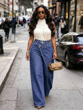 Women Casual Asymmetrical Wide-Leg Trousers with Diagonal Buttons