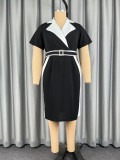Plus Size Women Color Block Turndown Collar Short-Sleeve Bodycon Dress