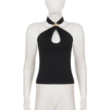 Women Metal Ring Hollow-Out Teardrop Neck Halter Neck Sexy Camisole