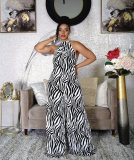Women Striped Print Backless Wide-Leg Jumpsuit