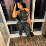 Women Polka Dot Print Drawstring Halter Neck Top and Capri Pants Two-Piece Set