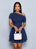 Women Slash Shoulder Off-Shoulder Pleated Double-Layer Ruffle Dress