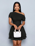 Women Slash Shoulder Off-Shoulder Pleated Double-Layer Ruffle Dress
