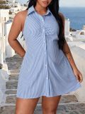 Plus Size Women Summer V-Neck Blue and White Striped Halter Neck Shirt Dress