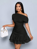 Women Slash Shoulder Off-Shoulder Pleated Double-Layer Ruffle Dress
