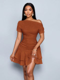 Women Slash Shoulder Off-Shoulder Pleated Double-Layer Ruffle Dress