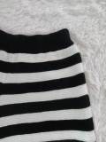 Women Black and White Striped Knitting Casual Sweater Top and Shorts Two-Piece Set