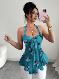 Women Halter Neck Sleeveless Lace-Up Printed Crop Top