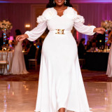 Plus Size Women White Off-Shoulder Floral Chiffon Elegant Dress
