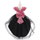 Girls' V-Neck Sequin Bow Princess Dress