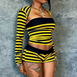 Women Striped Long-Sleeved Crop Top and Shorts Three-Piece Set