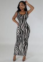 Women Zebra Print Sleeveless Maxi Dress