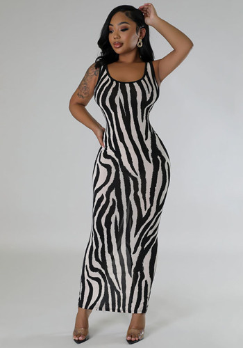 Women Zebra Print Sleeveless Maxi Dress
