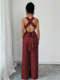 Women Halter Neck Cross Backless Casual Sleeveless Jumpsuit