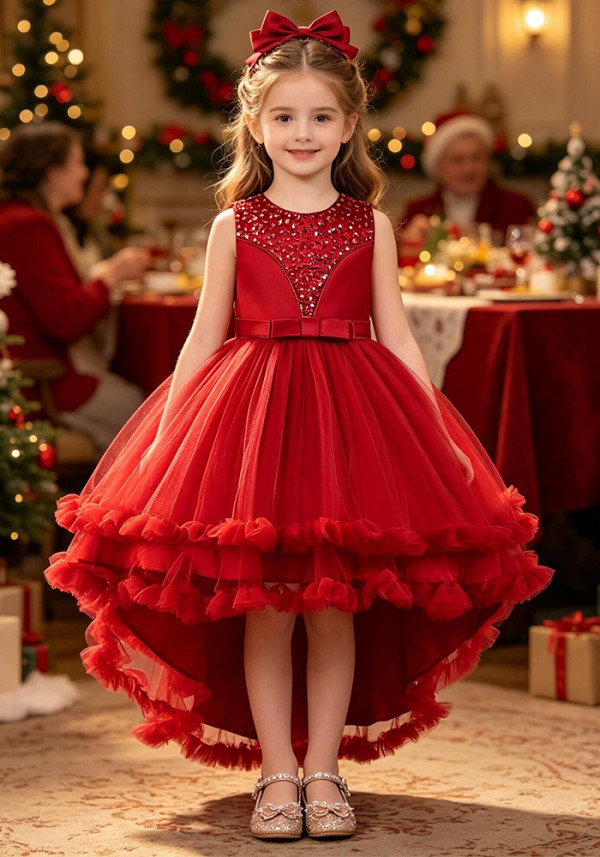 Girls' Christmas Dress Children's Princess Dress Flower Girl Train Tutu Mesh Skirt