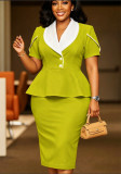 Plus Plus Size Women Mustard Green Color Block Top and Skirt Two-Piece Set