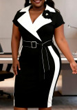 Plus Size Women Color Block Turndown Collar Short-Sleeve Bodycon Dress