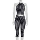 Women Polka Dot Print Drawstring Halter Neck Top and Capri Pants Two-Piece Set