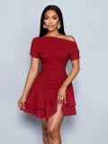 Women Slash Shoulder Off-Shoulder Pleated Double-Layer Ruffle Dress
