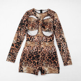 Women Leopard Print Long-Sleeved Printed Hollow-Out Sexy Romper