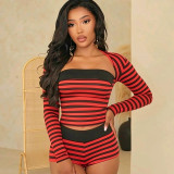 Women Striped Long-Sleeved Crop Top and Shorts Three-Piece Set