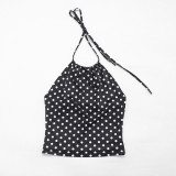 Women Polka Dot Print Drawstring Halter Neck Top and Capri Pants Two-Piece Set