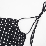 Women Polka Dot Print Drawstring Halter Neck Top and Capri Pants Two-Piece Set