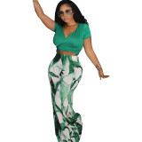 Women Autumn/Winter Elegant Top and Printed Wide-Leg Pants Two-Piece Set