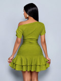 Women Slash Shoulder Off-Shoulder Pleated Double-Layer Ruffle Dress