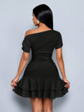 Women Slash Shoulder Off-Shoulder Pleated Double-Layer Ruffle Dress