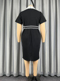 Plus Size Women Color Block Turndown Collar Short-Sleeve Bodycon Dress