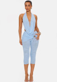 Women Halter Neck Lace-up Backless Top and Shorts Two-Piece Set