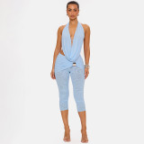 Women Halter Neck Lace-up Backless Top and Shorts Two-Piece Set