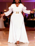 Plus Size Women White Off-Shoulder Floral Chiffon Elegant Dress