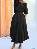 Women Slash Shoulder Lace-Up Elegant Irregular Dress