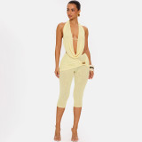 Women Halter Neck Lace-up Backless Top and Shorts Two-Piece Set