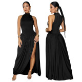 Women High-Neck Sleeveless Maxi Dress with Slits
