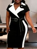 Plus Size Women Color Block Turndown Collar Short-Sleeve Bodycon Dress