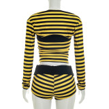 Women Striped Long-Sleeved Crop Top and Shorts Three-Piece Set