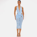 Women Halter Neck Lace-up Backless Top and Shorts Two-Piece Set
