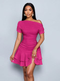 Women Slash Shoulder Off-Shoulder Pleated Double-Layer Ruffle Dress