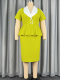 Plus Plus Size Women Mustard Green Color Block Top and Skirt Two-Piece Set