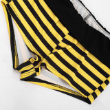 Women Striped Long-Sleeved Crop Top and Shorts Three-Piece Set